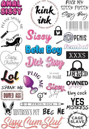 Kink Ink - 29 Tatouages Temporaires Sissy pour Adultes, Sexy et Coquins, Tatouages Semi-Permanents Longue Durée, Faux Tatouages de Petite à Moyenne Taille pour Hommes, sur Feuille A4