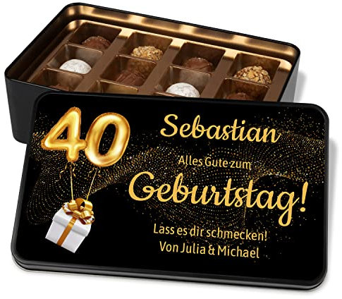 Pralinendose personalisiert mit Jahreszahl, Namen & Wunschtext „Alles Gute zum Geburtstag“ – Schönes Geburtstagsgeschenk für Mama oder Papa – Metalldose mit 12 Pralinen