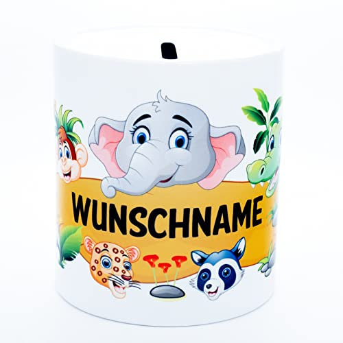 Tier Safari Spardose mit Namen personalisiert Sparbüchse Kinder Sparschwein Sparkasse Kinderspardose Taschengeld Geburtstag Geschenk Taufe Jugendweihe Junge Mädchen Baby Geldgeschenk Zoo Keramik Weiß