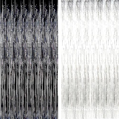 AILEXI 2 PCS 92CM*245CM Partei liefert Folie Fringe Schimmer Vorhänge, Tür Fenster Dekorationen Streamer oder Wand Backdrop Tinsels - Schwarz Silber