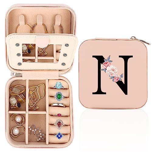 WALLFID Travel Jewellery Box,Alphabet Jewellery Organiser,Portable Jewellery Box,Small Travel Jewellery Storage Case with Mirror,Birthday Gift for Women,Mothers Birthday Valentines Day Gift Ideal(N)