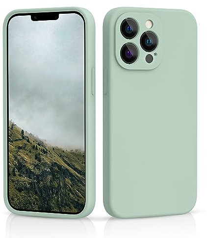 CALOOP Slim-Fit for iPhone 13 Pro Max Case,Sturdy Shockproof Hard Frame Cover with Anti-Scratch Microfiber Lining,Skin Soft Liquid Silicone,Full Protection for Screen and Camera Lens(Mint Green)