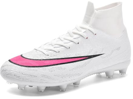 LDTSUP Fußballschuhe Herren Stollen High Top Fußballschuhe Kinder Trainingsschuhe Professionelle Spikes Cleats Outdoor Sport Fussballschuhe Jungen,Weiß,45 EU