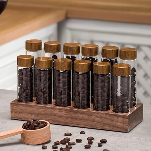 TREELF Coffee Bean Jars Canisters Coffee Storage Containers Walnut Solid Wood Base 12 Tubes Single Dose with Wooden Holder Coffee Bean Cellar Dosing Glass Vials With Lids Display Stand(Type 2)