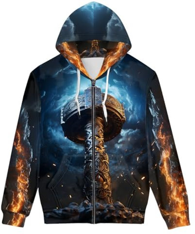 ENLACHIC Men's Cool Wolf Galaxy 3D Printed Zip up Hoodie Pullover Hooded Sweatshirt Hoodies with Pockets, Viking Thor's Hammer, Small