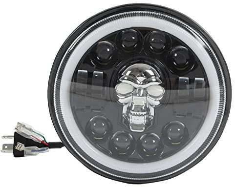 Leapiture 7-Zoll-Motorradscheinwerfer, runder Motorradscheinwerfer, LED-Angel-Eye-Scheinwerfer, Totenkopfkopfmuster, weiße Beleuchtung für die universelle Motorradmodifikation