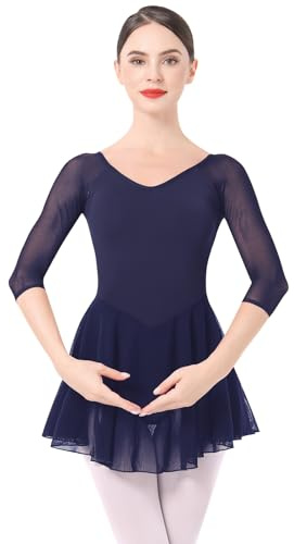 IMEKIS Women Ballet Dress 3/4 Sleeve Gymnastic Leotard Dance Bodysuit with Chiffon Skirt Ballerina Dancewear Navy Blue L