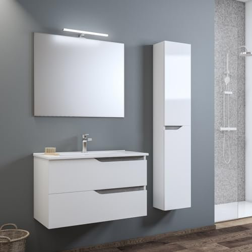 LIBEROSHOPPING.eu - LA TUA CASA IN UN CLIK Mueble de baño moderno suspendido 82 cm blanco y acabados cemento para lavabo fondo reducido con lavabo GRACE