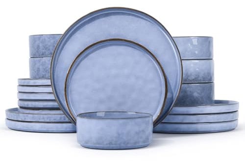 Geschirrset, Onader 18 Teiliges Steinzeug Tafelservice Set, Müslischalen, Speiseteller und Dessertteller Set für 6 Personen, Spülmaschinenfest und Anti-Kratzer – Gelassenheit Blau