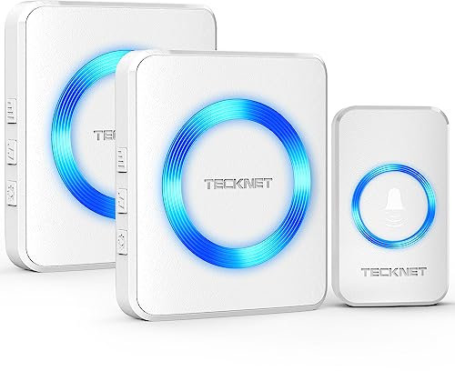 TECKNET Funkklingel, Kabellose Türklingel Funk Set 400m Reichweite, IP65 Aussen Wasserdicht Haustür Klingel mit 2 Plug-In-Empfänger und 1 Sender, Ring doorbell und Klingelknopf Mit LED-Blitz
