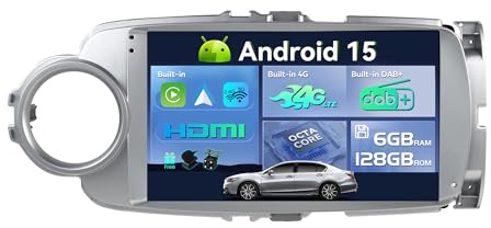 SXAUTO Android 15 - [Built-in 4G LTE & DAB] - 6G+128G - Autoradio für Toyota Yaris GRMN (2011-2018) - Dual Band WiFi - CarPlay Android Auto - Kamera + MIC - Lenkradsteuerung DSP - QLED 9 Zoll 2 Din