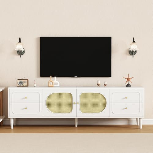 BTM Meuble TV en Rotin, Meuble TV Salon avec 4 Tiroirs et 2 Portes en Rotin, Meuble Télé 180 cm pour des Télévisions de 80 Pouces, 180x40x 56.5 cm, Blanc