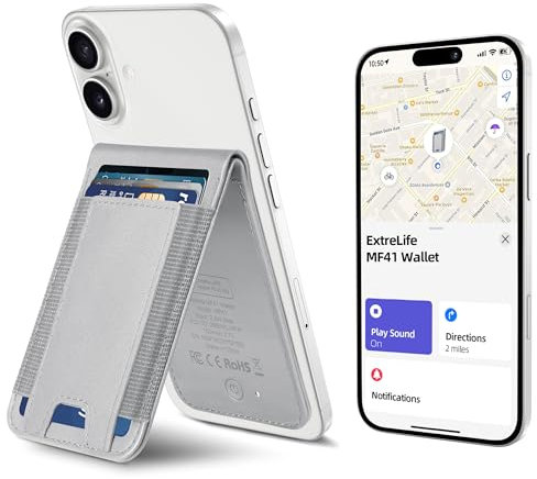 ExtreLife for Magsafe Wallet, Works with Apple Find My, Magnetic Wallet for iPhone 15/14/13/12 Series, 8-Card Holder, Upgrade with iPhone Wallet and Adjustable Stand, RFID Blocking, Grey, Grey