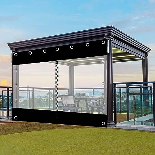 Vorhänge für den Außenbereich, Transparenter Planenvorhang for den Außenbereich mit Reißverschluss, 0,3 mm PVC, schwarz, for Pergola, Terrasse, Pavillon, Carport, Trennvorhang, Plane, mit Ösen(5x300cm