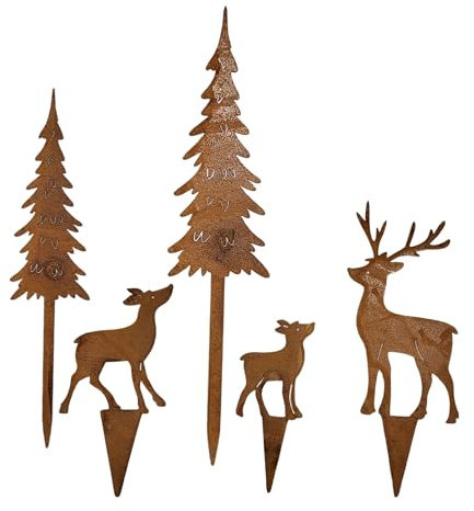 Storm's Gartenzaubereien Hirschfamilie 5-teilig - Rostdeko für Adventsdeko - Herbstdeko - Gartenstecker mit Tannenbäumen - DIY Weihnachtsdeko für Kränze - Metallstecker Set