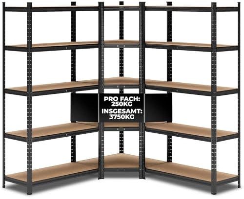 ALL Premium Schwerlastregal Eckregal 180x70x40 cm + 2X 180x90x40 cm Schwarz - 1250kg Traglast – stabiles Eckregal stehend, vielseitiges Regalsystem, Corner Shelf, ideal für Keller & Lager