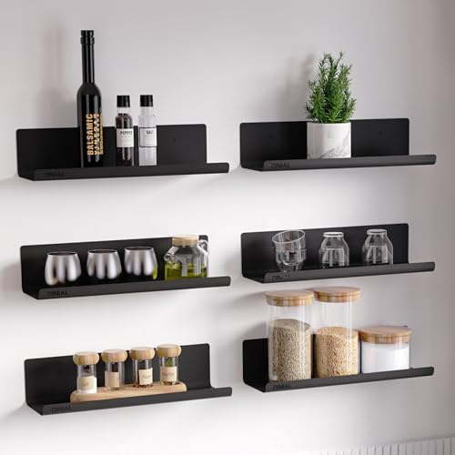 DINIAL Floating Shelves for Wall, 6 Pack Metal Shelf 32x10cm Room Decor for Bookcase/Vinyl Record Display/Photo/Picture in Bedroom, Living Room, Bathroom, Kitchen Storage and Organization (Black)
