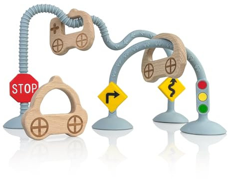 zeeloopbee Baby Teething Toy, High Chair Suction Toys with Wooden Ring for Infant Toddlers 0-6 Months, Textured Silicone Teether Sensory Teething Toys for Baby Gifts 6-12+ Months, Light Blue