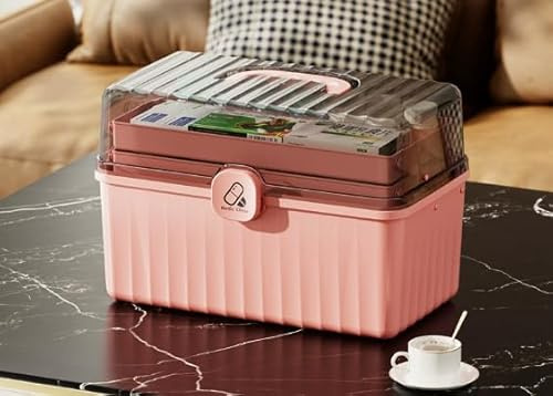 Braozaiw Aufbewahrungsbox, dreischichtiger Erste-Hilfe-Aufbewahrungskasten, tragbarer Medizin, Haushaltsmedizin-Kasten, große Kapazität Medizin-Kasten, Büro und Reise (pink)