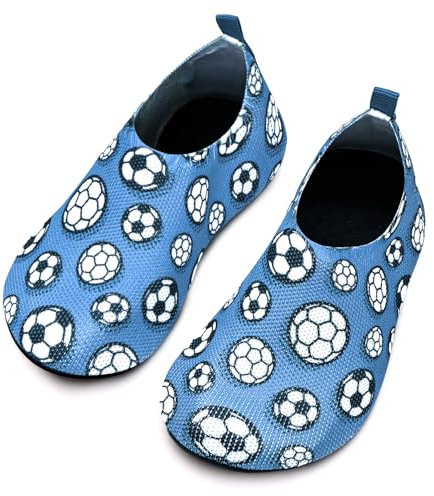 Torotto Hausschuhe Kinder Mädchen Junge Pantoffeln Atmungsaktive Rutschfest Weich Turnschläppchen Barfussschuhe für Lauflernschuhe Kleinkinder Schuhe Kindergarten Unisex(Fußball Blau 30/31 EU)