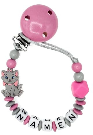 Nuckelkette mit Namen KATZE in verschiedenen Farben und Motiven/Unisex/Personalisiert (Babyrosa Hellgrau)