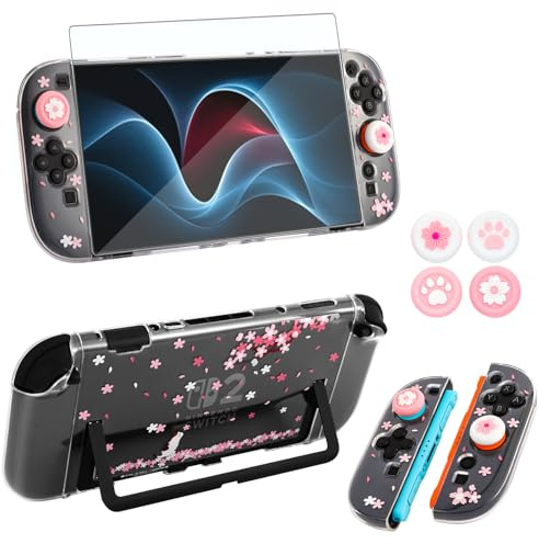 OLDZHU Coque Dockable pour Nintendo Switch 2 (2025),Housse de Protection Anti-Rayures et Robuste avec Film Trempé et 4PCS Capuchons Joystick (Fleur de Cerisier)