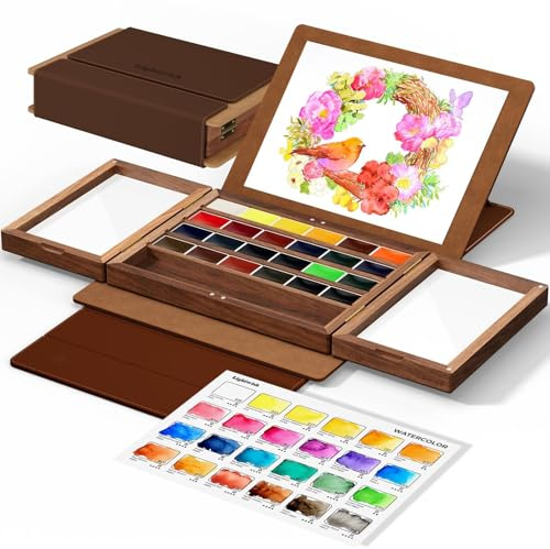 LIGHTWISH Künstler Aquarell Set 24 Farben - Premium Wasserfarben Blöcke in Walnussholz Box mit Mattleder Etui, Reise Aquarellfarben Profi Qualität hohe Pigmentkonzentration