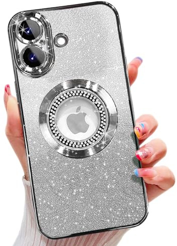 Misscase for iPhone 16 Magnetic Glitter Case,Cute Full Protection Slim Shockproof Anti-Scratch Bling Sparkly Case with Camera Lens Protector, Logo View Dust-Proof Net for Women Silver