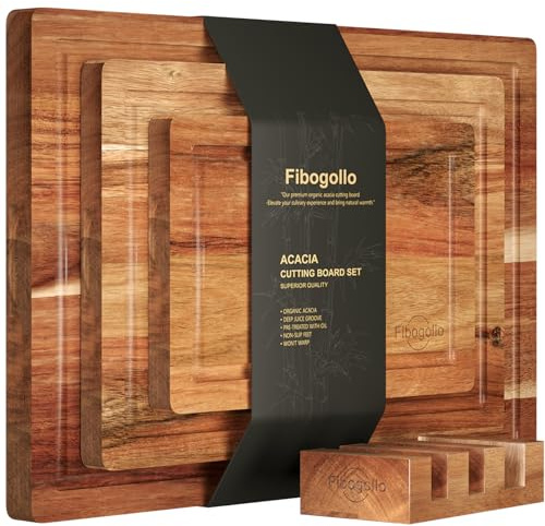 Fibogollo Acacia Wood Cutting Boards for Kitchen(Set of 3),Wooden Chopping Boards Set with Juice Groove,Chopping Board with Holder,Butcher Block for Meat,Vegetables,Fruit