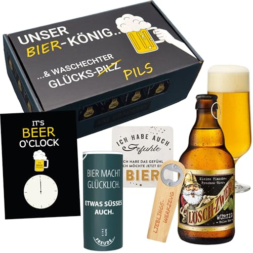 Bier-König Geschenkbox Set, Pils 0,33l, Holz-Flaschenöffner, Schokolade, Grußkarte, Untersetzer