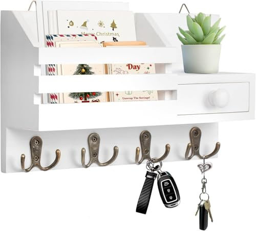 Irayin Schlüsselbrett Holz mit Ablage, Schlüsselhalter Holz mit 4 Doppel Haken und Aufbewahrungsschublade, Multifunktionales Schlüsselhalter für Eingangsbereich, Flur, Wohnzimmer, Büro - Weiß