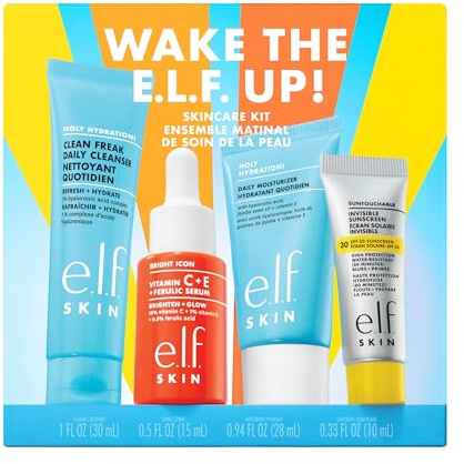 e.l.f. SKIN Wake the e.l.f. Up Skincare Kit, Travel-Size Hydrating Face Cleanser, Sunscreen, Moisturizer & Brightening Serum, Vegan & Cruelty-Free