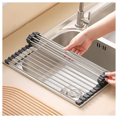 Escurridor plegable para platos sobre fregadero de 37/47 cm, tapete de drenaje de silicona incluido, organizador de cocina que ahorra espacio, color negro (37 x 11,3 cm)