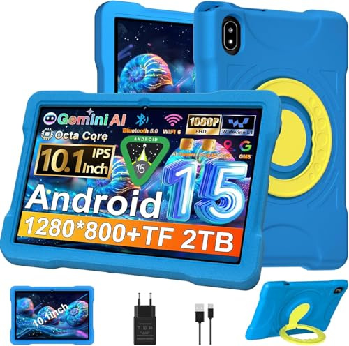 Tablette 10 Pouces avec 30Go RAM+TF 2To,Octa-Core 2.0 GHz/GMS, Gemini AI/Widevine L1/Éducative,5G WiFi/Bluetooth 5.0,5MP+8MP/FHD IPS,Newest Tablette Android 15 avec EVA Cas+360° Rotatif Support-Bleu