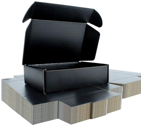 15 x 10 x 4 cm schwarze Versandkartons mit Klappdeckel, 25er-Pack | Stabile E-Welle, innen und außen schwarz, für Schmuck, Bastelarbeiten und Geschenke