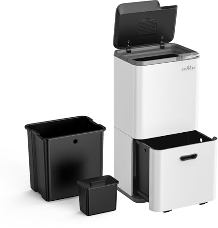 mVm Cubo de Basura Cocina de Acero Inoxidable, 3 Compartimentos 63L con Tapa de Cierre Suave, Contenedor Multifuncional para Separación de Residuos en Casa u Oficina, Blanco