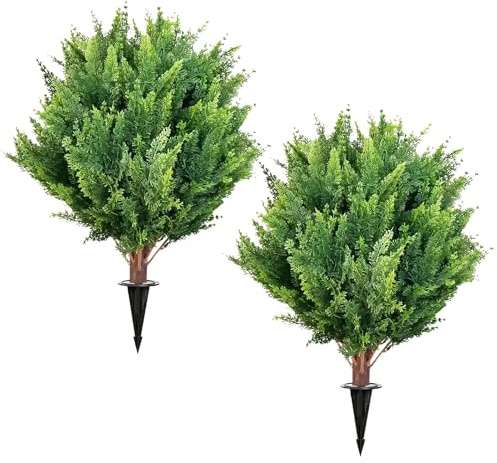 loyimioo 60 cm Künstliche Kunstpflanze in Kugelform, Plastik Realistischer Kugelbaum mit Erdspieß als Hochzeits- & Weihnachtsdeko für Garten, Terrasse, Balkon 2er-Set (Zypressen)