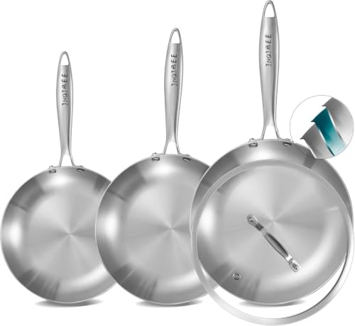 Inqibee Set Poêles Acier Inoxydable 20/24/28cm avec Couvercle | Nettoyage Facile au Lave-vaisselle, Compatible Four, Induction, Gaz et Tous Feux - Sans PFAS