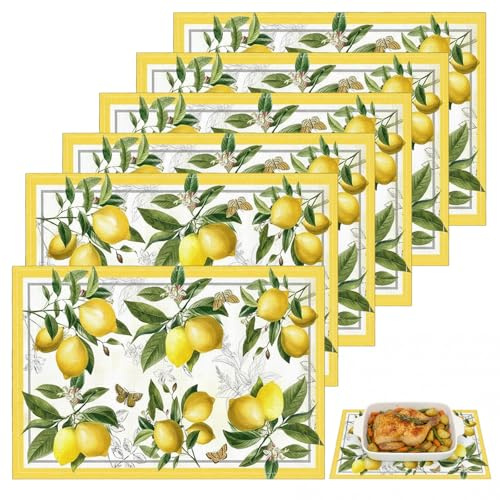 GSGFUIS 6 Stück Platzsets Zitrone, Tischsets aus Stoff 30x45 cm, Tischdeko für Urlaub Hochzeit Dinnerparty,Waschbare Platzdeckchen für Sommer Party Küche Zuhause