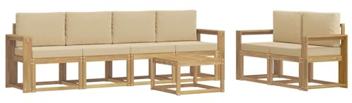 vidaXL Outdoor-Sofagarnitur mit Kissen 7 pcs Weiß und Beige, Moderne Outdoor-Sofagarnitur, robuste Eckcouch, stylisches Gartenmöbel, Akazienholz, Bequeme Sitzplätze