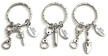 3 Keychain Set: Partners in Crime Handcuffs Best Friend Charms and one of each Gun Bullet Shovel 106Q