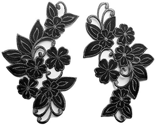 Iron on Bügel Blumen Aufnäher Aufbügler Patches Flicken Sticker Bügelbilder Applikation groß Set Kleidung Blume 15 cm 2 Stk schwarz silber je 18 x 9 cm