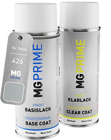 MG PRIME Autolack Sprühdosen Set für Volvo 426 Mystic Silver Metallic/Silber Metallic Basislack Klarlack Spraydose 400ml