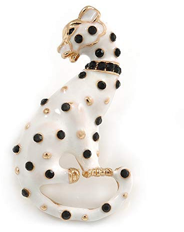 Broche panthère en émail blanc/noir en métal doré – 43 mm de haut, taille unique, émail