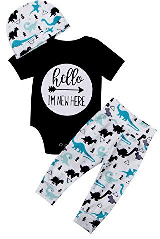 Geagodelia 3tlg Babykleidung Set Baby Jungen Kleidung Outfit Body Strampler + Hose + Mütze Neugeborene Kleinkinder Weiche Babyset New to The Crew (0-3 Monate, Schwarz 774 Dinosaurier - Kurzarm)