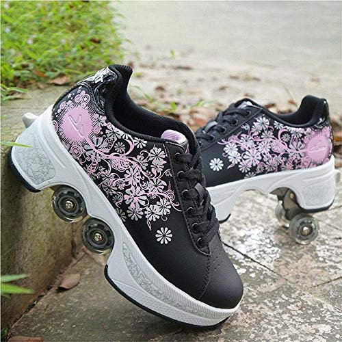 ZSPSHOP Rollschuhe Verstellbar Kinder Inline-Skate, 2-in-1-mehrzweckschuhe, Verstellbare Quad-rollschuh-Stiefel,Black 35