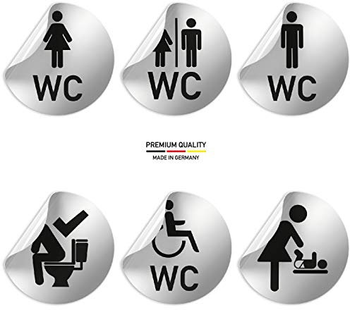 Kinekt3d Leitsysteme Folienschild Schild - D = 100 mm PVC Silber - Robuste Kratzfeste Folie - UV beständig - Perfekt für Glastüren und alle glatten Flächen (WC Toiletten Set 6 Stück (Design B))