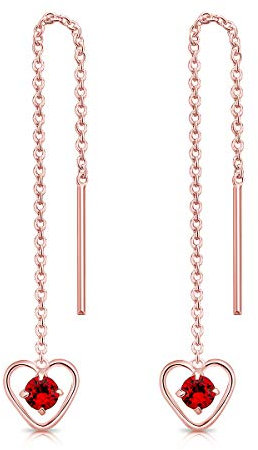 DTPsilver® Durch Ohrringe ziehen 925 Sterling Silber Rosen-Gold überzogen mit Baumelnde Herz und 3 mm runden Swarovski® Elements Kristall - Länge 68 mm - Farbe : Light Siam Rot