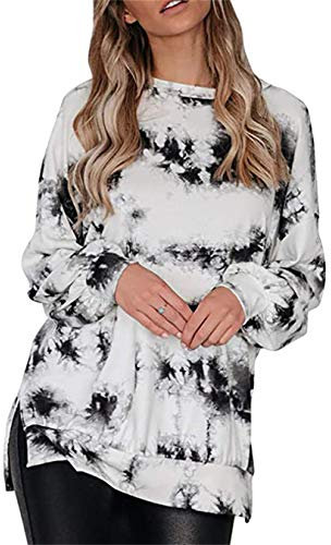 EFOFEI Femme Sweat Graduel Tie Dye Imprimé Sweat à Manches Longues Lâche Arc-en-Ciel Pull Décontracté Tunique Haut Blouse Noir XXL