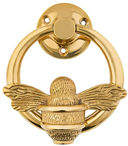 Gold Bee Door Knocker for Front Door | Polished Solid Brass Bee Ring | Gold Brass Knockers with Strike Plate | UPVC | Bumblebee Front Door Furniture with a Unique Design